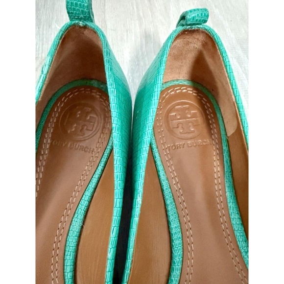 TORY BURCH Size 6.5 M Mini Miller Pond Green Logo Ballet Flat Leather Shoes - Picture 12 of 13